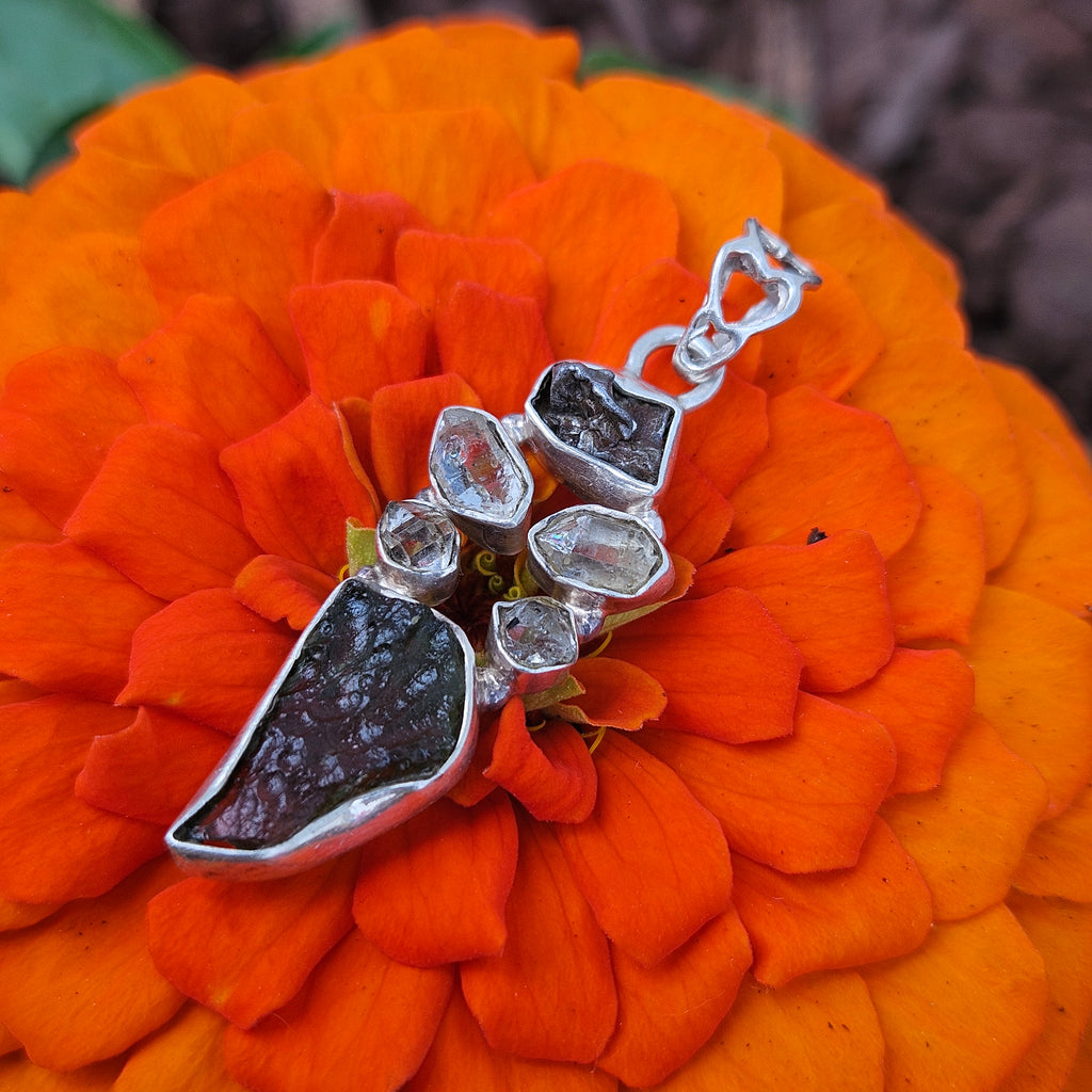 "Space Key" Moldavite/Herkimer/Meteorite Pendant Sterling Silver