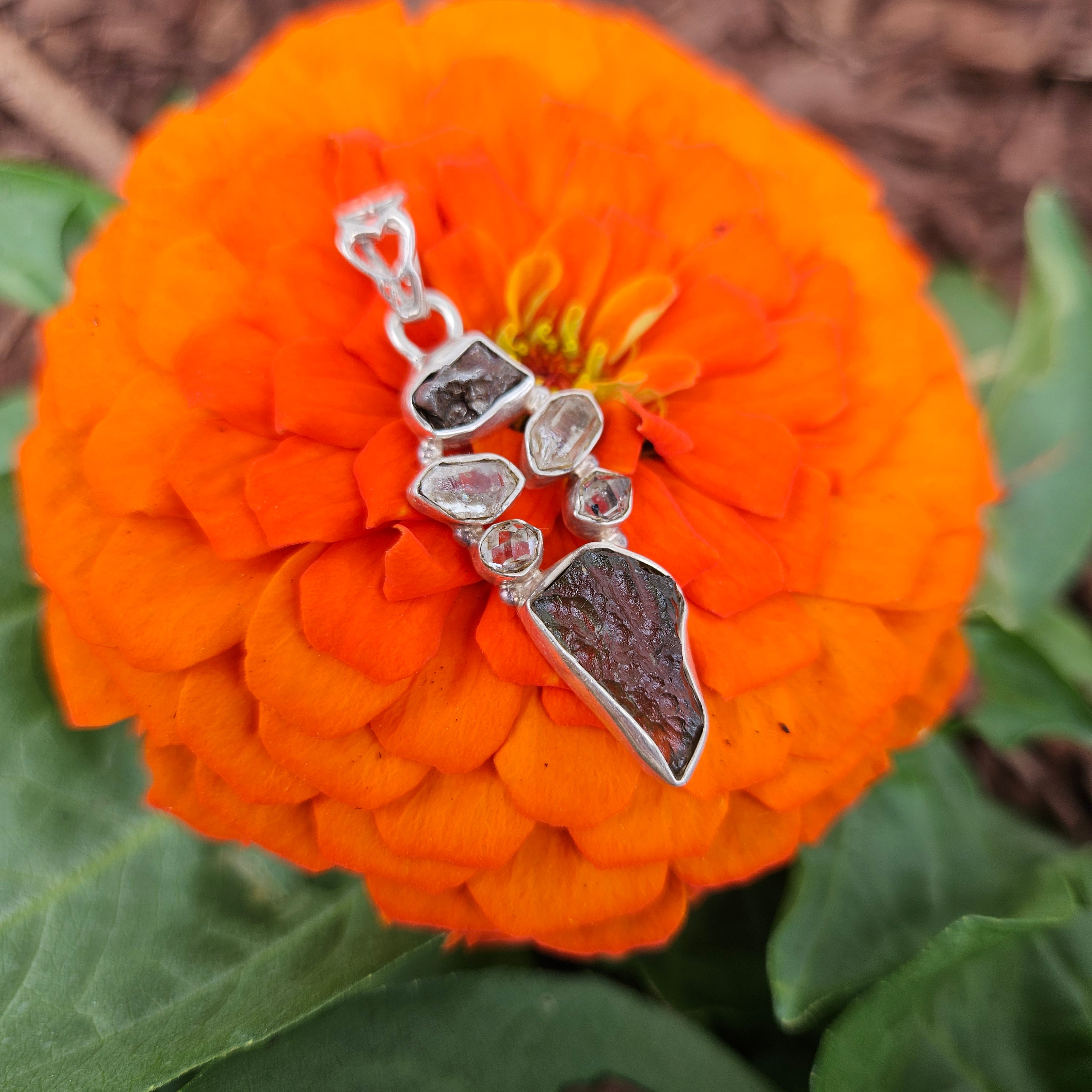 "Space Key" Moldavite/Herkimer/Meteorite Pendant Sterling Silver