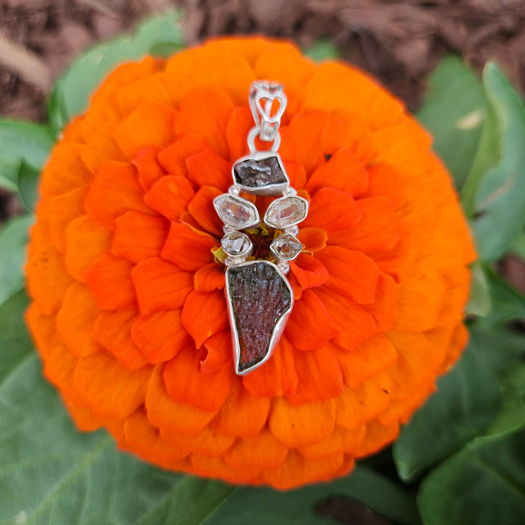 "Space Key" Moldavite/Herkimer/Meteorite Pendant Sterling Silver